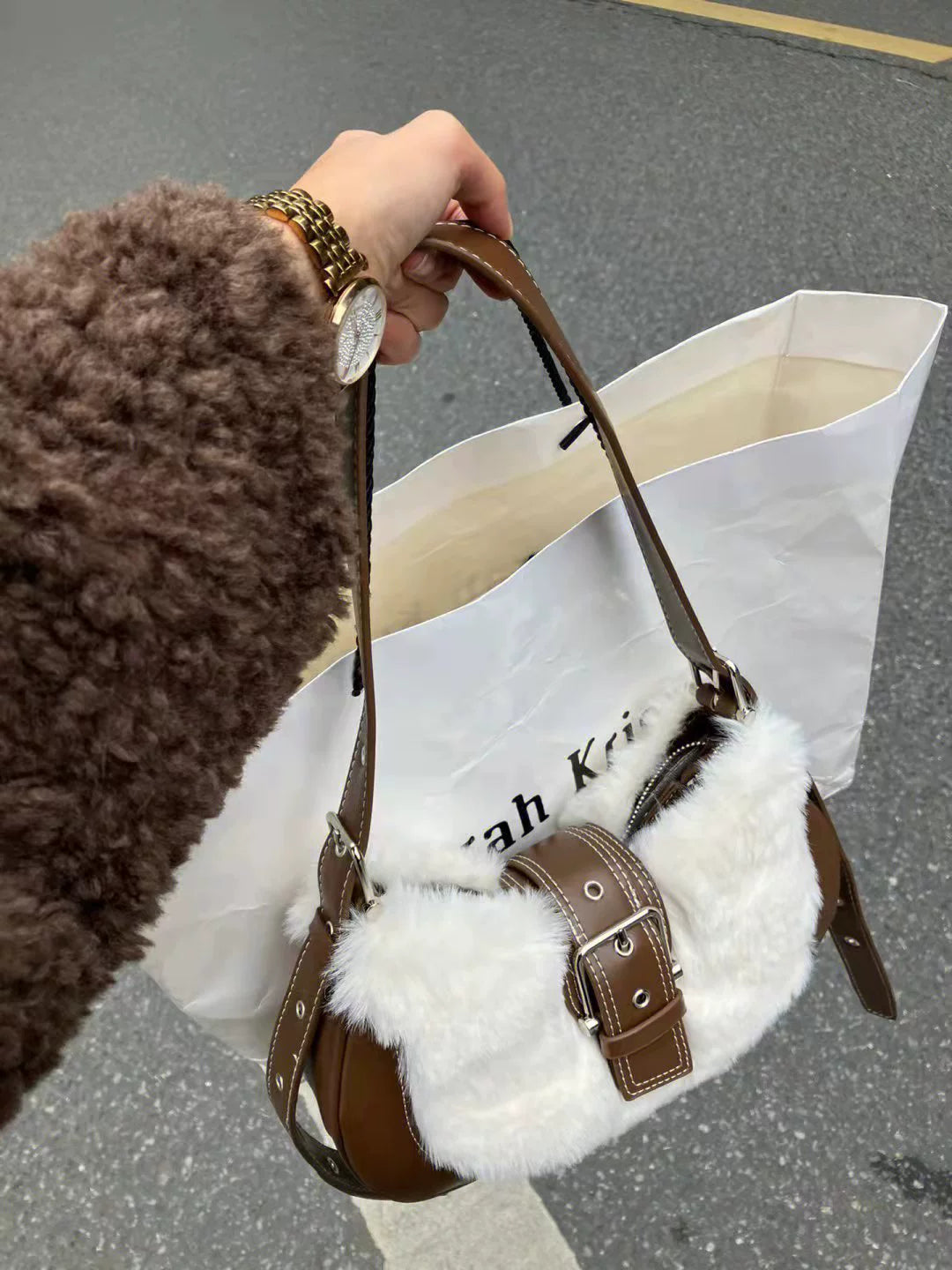 LaPose Fashion - Alyx Faux Fur Shoulder Bag - Accesories, Bags, Handbags, Plush Bags, Shoulder Bags, Winter Edit