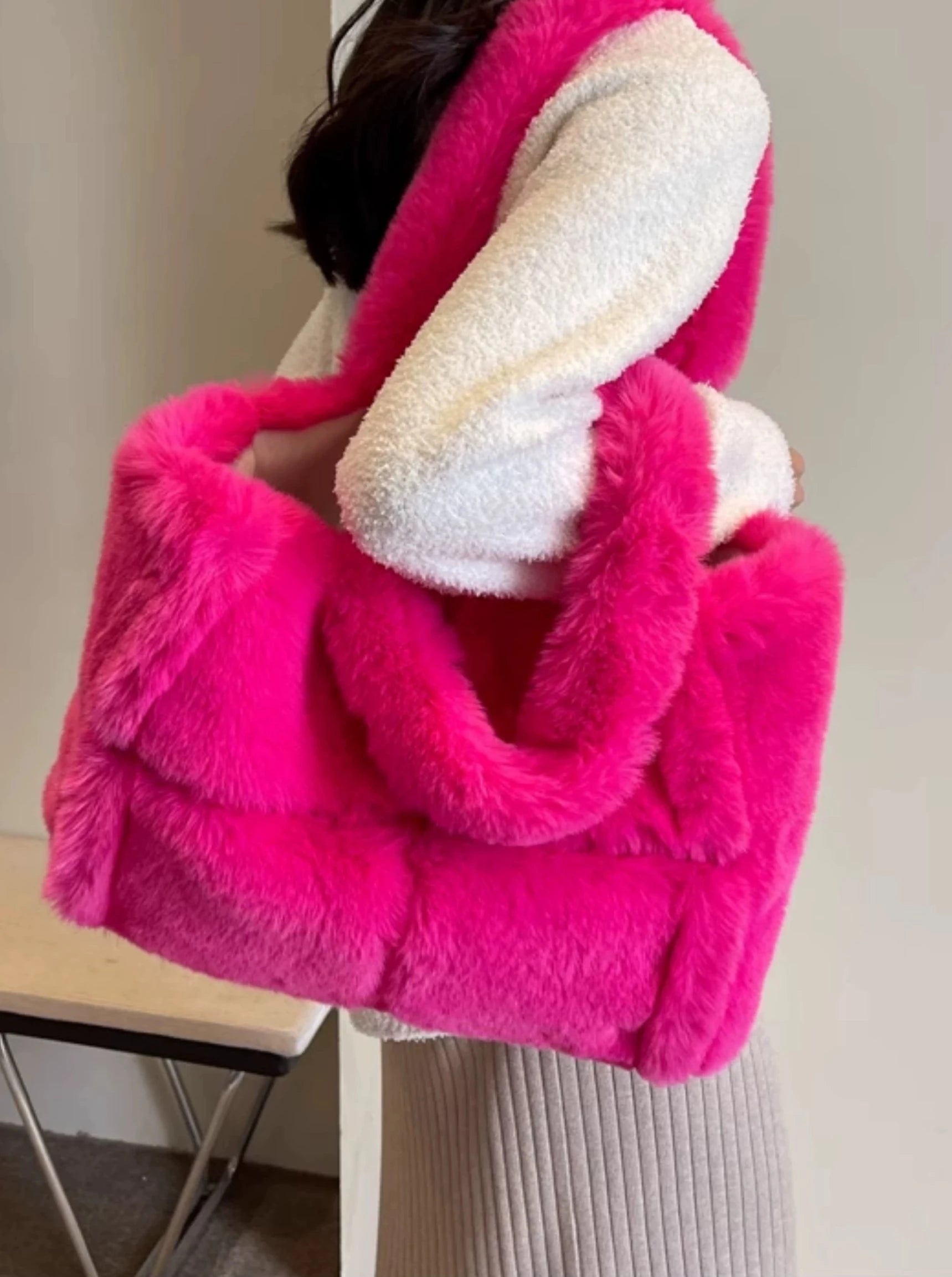 LaPose Fashion - Arden Faux Fur Plush Bag - Bags, Clean Girl, Handbags, Large Bags, Plush Bags, Shoulder Bags, Tote Bags
