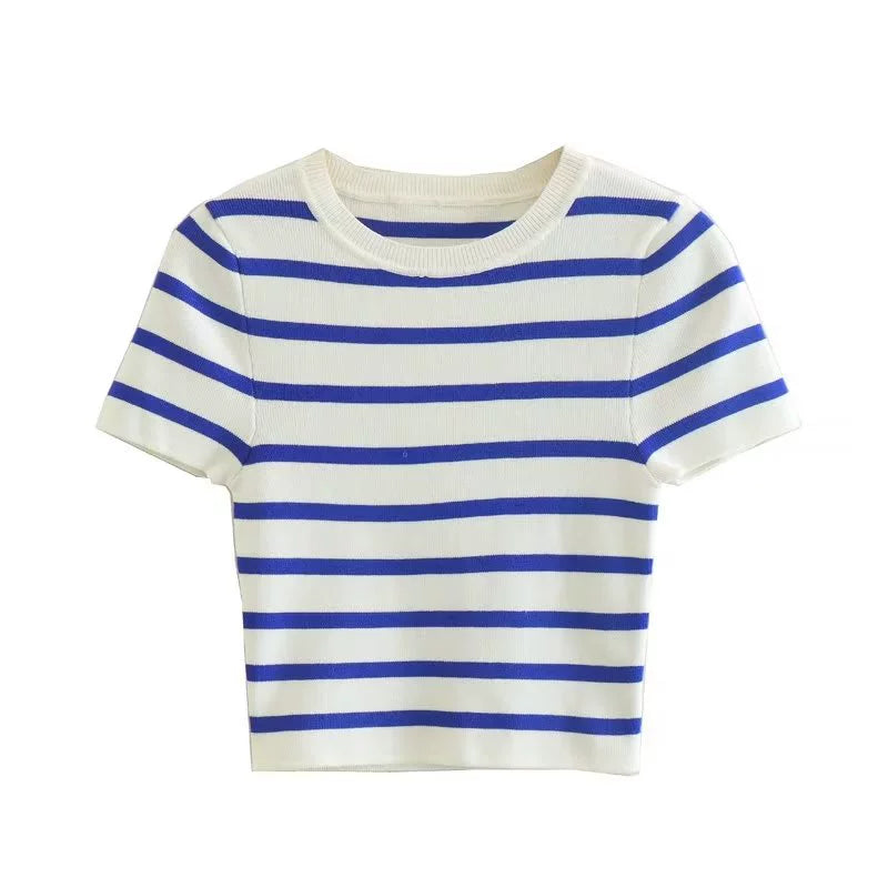 LaPose Fashion - Bani Knitted Striped Top - Basic Clothes, Basic Tops, Elegant Tops, Knitted Tops, Short Sleeve Tops, Striped Tops, Tops, Warm T