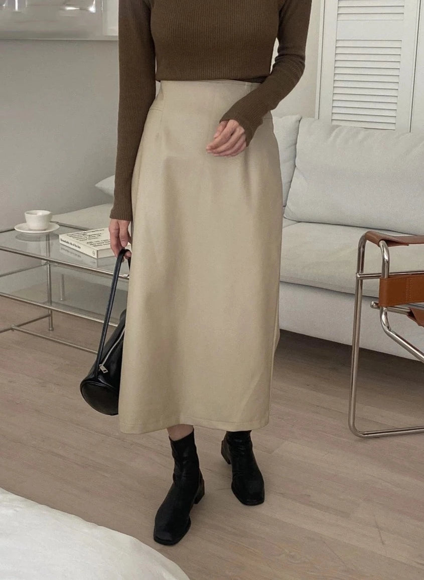 LaPose Fashion - Cambria Faux Leather Midi Skirt - Leather Skirts, Long Skirts, Midi Skirts, Skirts