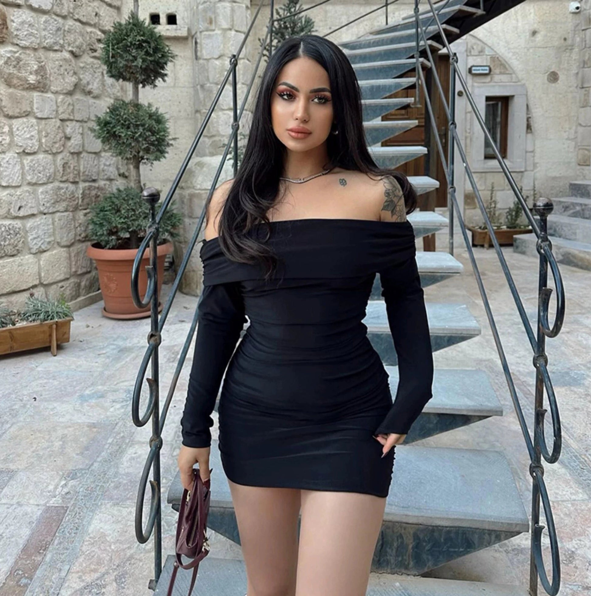 LaPose Fashion - Caris Off Shoulder Mini Dress - Autumn Dresses, Bodycon Dresses, Daytime Dresses, Dresses, Going Out Dresses, Little Black Dresses, 