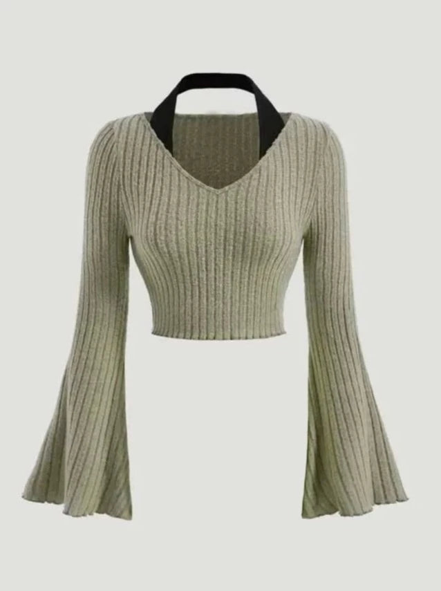 LaPose Fashion - Daisha Flare Sleeve Top - Basic Tops, Crop Tops, Elegant Tops, Fall Clothes, Fall-Winter 23, Knitted Tops, Long Sleeve Tops, T
