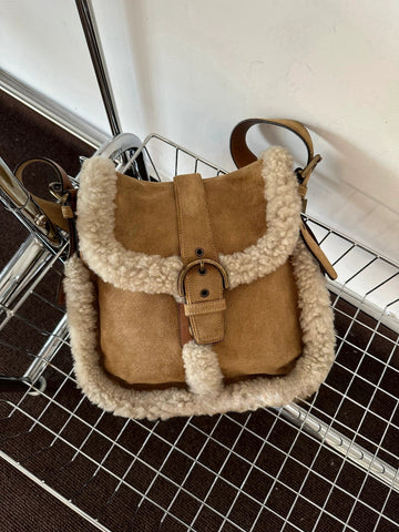 LaPose Fashion - Edelyn Faux Wool Shoulder Bag - Bags, Handbags, Large Bags, Puffer Bag, Shoulder Bags