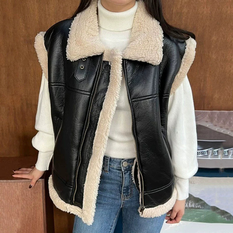 LaPose Fashion - Ellie Faux Leather Sleeveless Jacket - Coats & Jackets, Jackets, Leather Jackets, Oversize Jacket, Puffer Jacket, Winter Edit, Wool Jackets