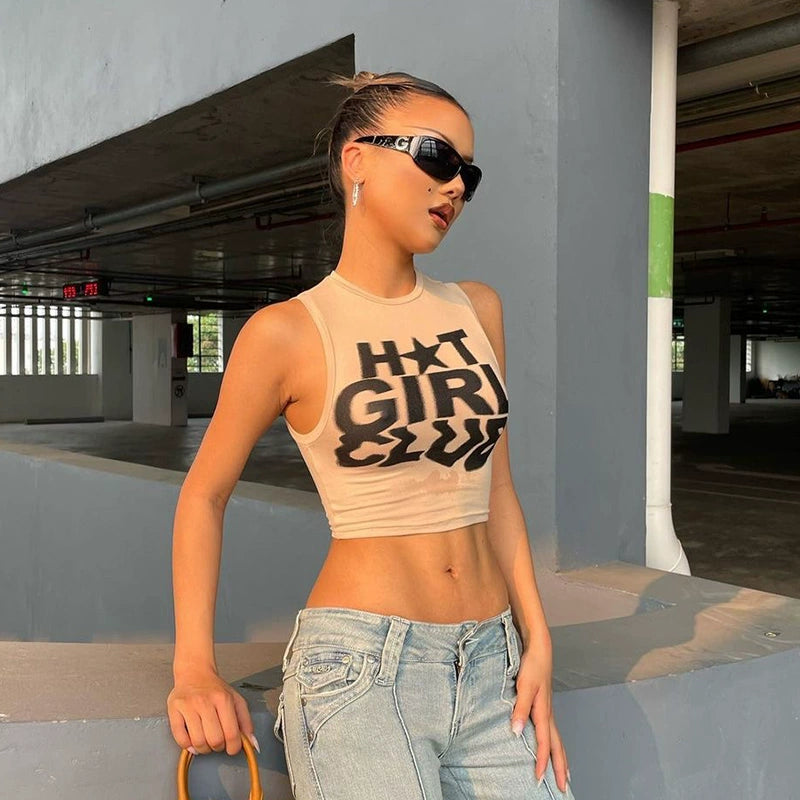 LaPose Fashion - Hot Girl Club Print Top - Basic Tops, Crop Tops, Fall-Winter 23, Letter Print Tops, Sleeveless Tops, Tank Tops, Tops