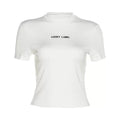 LaPose Fashion - Ilne Letter Print T-Shirt - Basic Tops, Crop Tops, Letter Print Tops, Short Sleeve Tops, T-Shirts, Tops