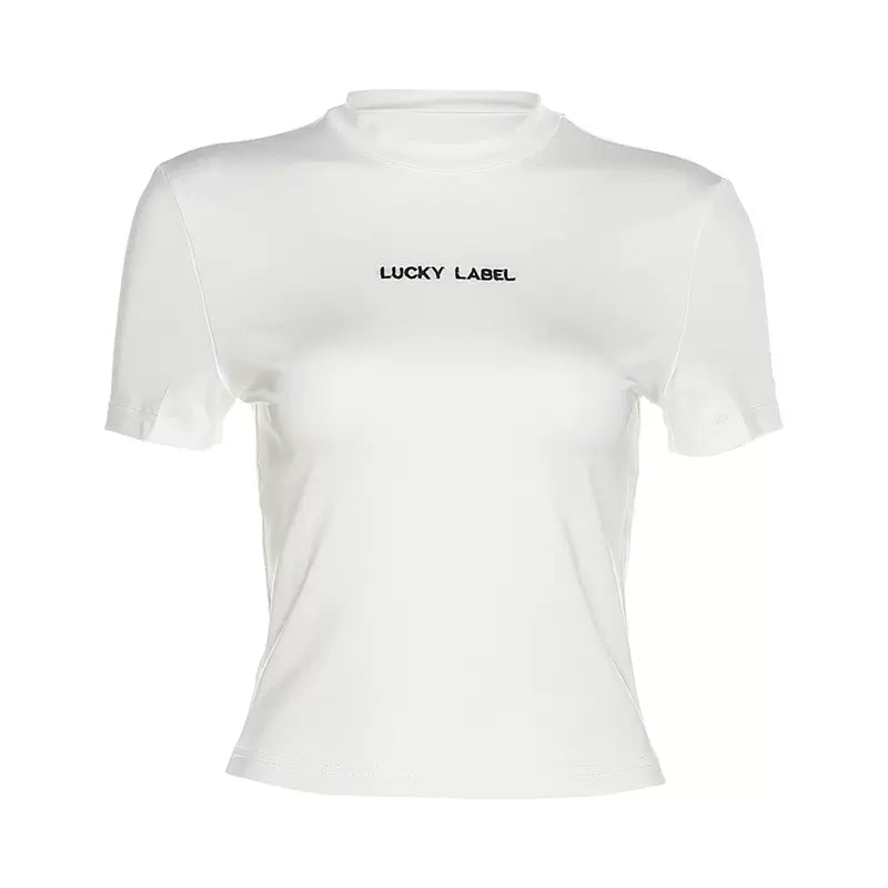 LaPose Fashion - Ilne Letter Print T-Shirt - Basic Tops, Crop Tops, Letter Print Tops, Short Sleeve Tops, T-Shirts, Tops