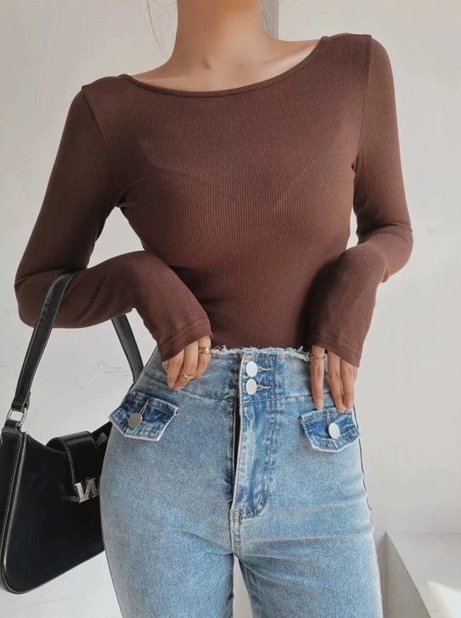 LaPose Fashion - Joplin Backless  Bodysuit - Asymmetric Tops, Backless Tops, Basic Tops, Elegant Tops, Knitted Tops, Long Sleeve Tops, Tops, Warm