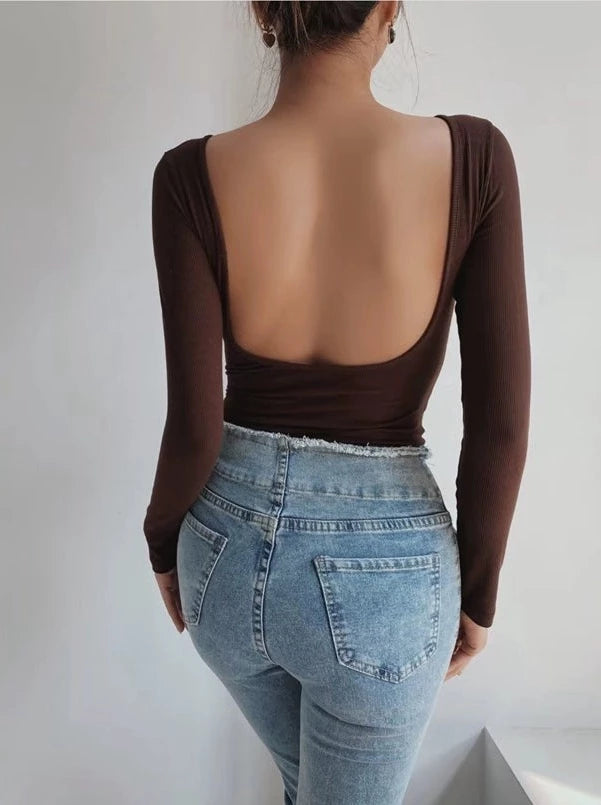 LaPose Fashion - Joplin Backless  Bodysuit - Asymmetric Tops, Backless Tops, Basic Tops, Elegant Tops, Knitted Tops, Long Sleeve Tops, Tops, Warm