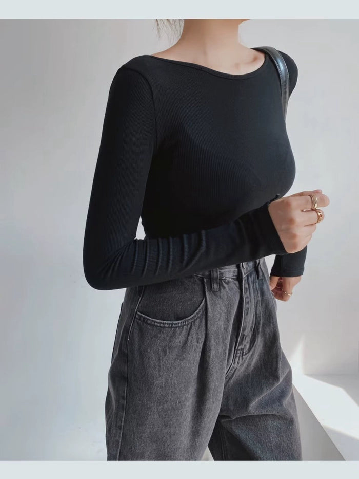 LaPose Fashion - Joplin Backless  Bodysuit - Asymmetric Tops, Backless Tops, Basic Tops, Elegant Tops, Knitted Tops, Long Sleeve Tops, Tops, Warm