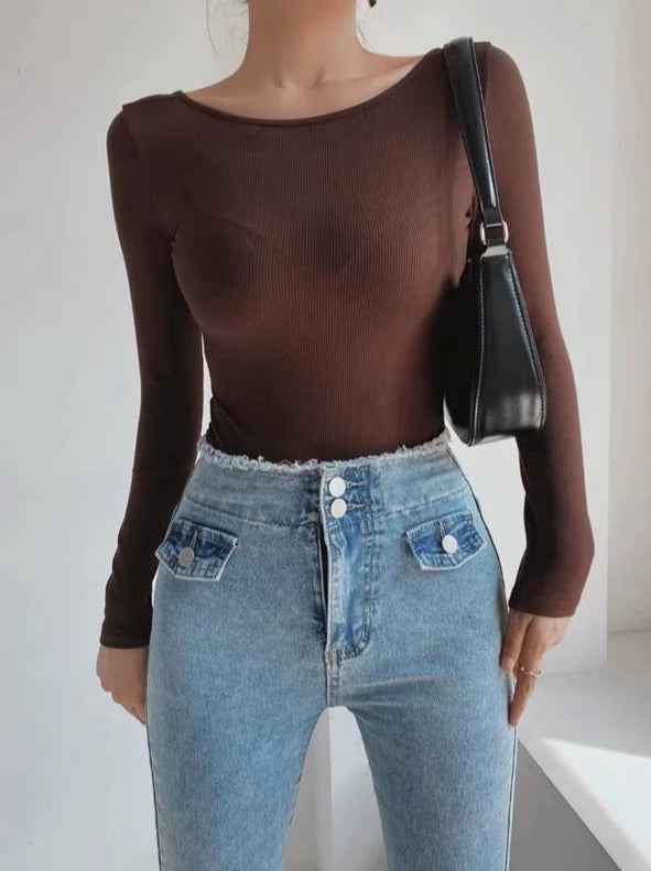 LaPose Fashion - Joplin Backless  Bodysuit - Asymmetric Tops, Backless Tops, Basic Tops, Elegant Tops, Knitted Tops, Long Sleeve Tops, Tops, Warm