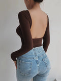 LaPose Fashion - Joplin Backless  Bodysuit - Asymmetric Tops, Backless Tops, Basic Tops, Elegant Tops, Knitted Tops, Long Sleeve Tops, Tops, Warm