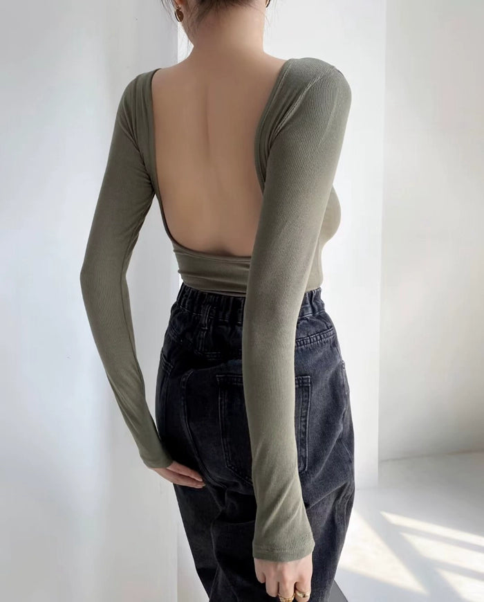 LaPose Fashion - Joplin Backless  Bodysuit - Asymmetric Tops, Backless Tops, Basic Tops, Elegant Tops, Knitted Tops, Long Sleeve Tops, Tops, Warm