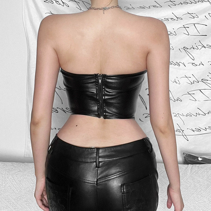 LaPose Fashion - Journie Fauz Leather Top - Backless Tops, Crop Tops, Elegant Tops, Irregular Tops, Leather Tops, Sexy Tops, Sleeveless Tops, To