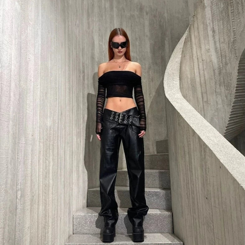 LaPose Fashion - Kaira Long Sleeve Mesh Top - Crop Tops, Elegant Tops, Fall-Winter 23, Long Sleeve Tops, Mesh Tops, Off Shoulder Tops, Sexy Tops, 