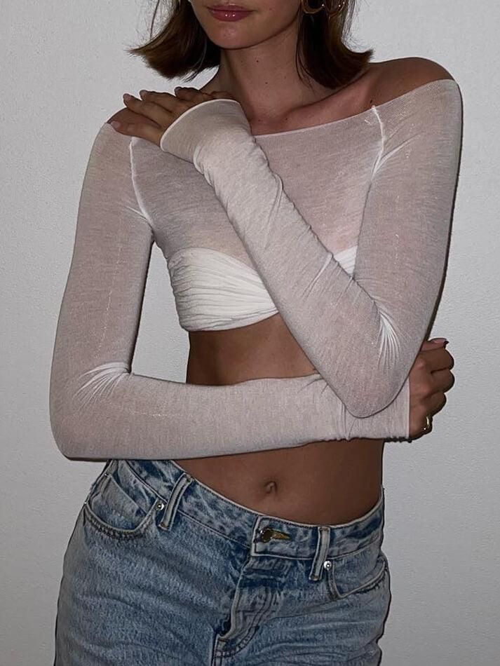 LaPose Fashion - Karalyn Mesh Crop Long Sleeve Top - Crop Tops, Elegant Tops, Fall-Winter 23, Lace Tops, Long Sleeve Tops, Mesh Tops, Tops