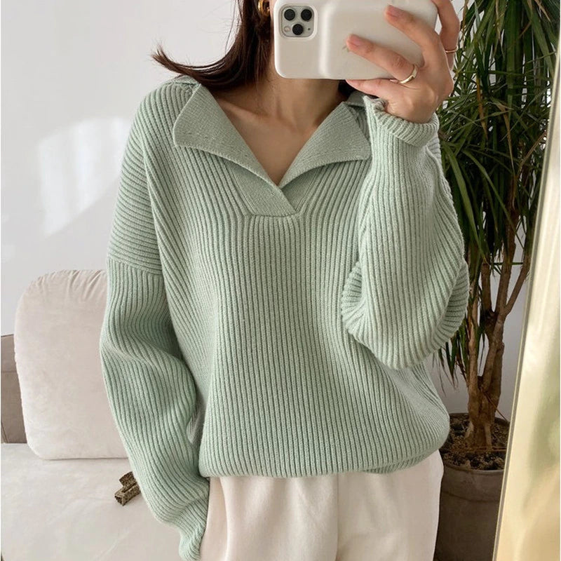 LaPose Fashion - Mea Knitted Sweater - Clean Girl, Clothing, Knitted Tops, Long Sleeve Tops, Loose Sweaters, Sweaters, Tops, Tops/Sweatshir