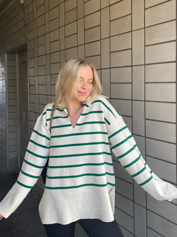 LaPose Fashion - Montae Striped Oversize Sweater - Clean Girl, Clothing, Fall-Winter 23, Fall22, Knitted Tops, Long Sleeve Tops, Oversize Sweaters, Ove