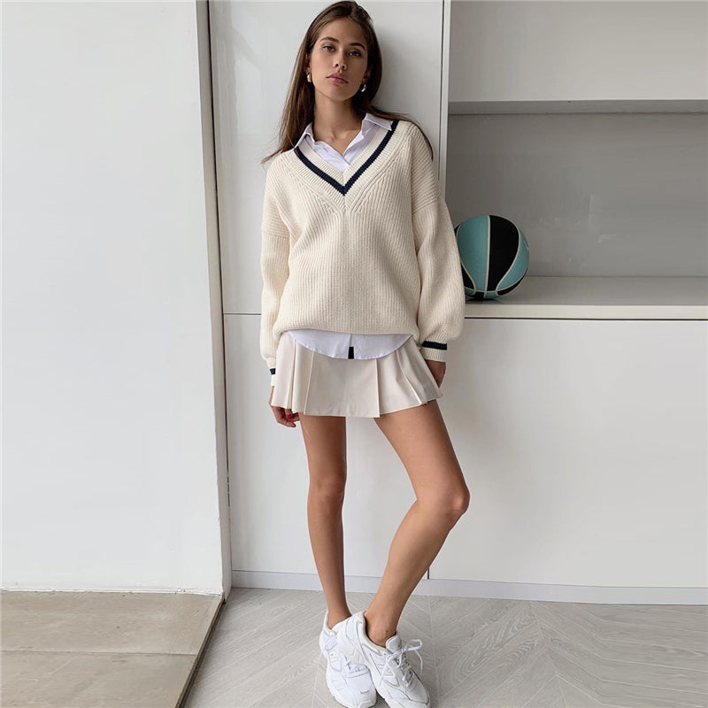 LaPose Fashion - Montae V-Neck Sweater - Clean Girl, Clothing, Fall-Winter 23, Fall22, Knitted Tops, Long Sleeve Tops, Striped Tops, Tops, To