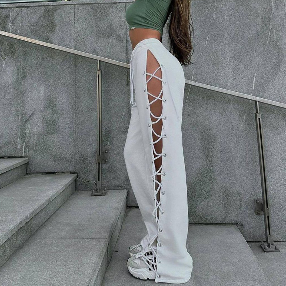 LaPose Fashion - Nadira Cut Out Pants - Autumn Clothes, Bottoms, Clothing, Fall Clothes, High Waist Pants, Knitted Clothes, Knitted Pants, L