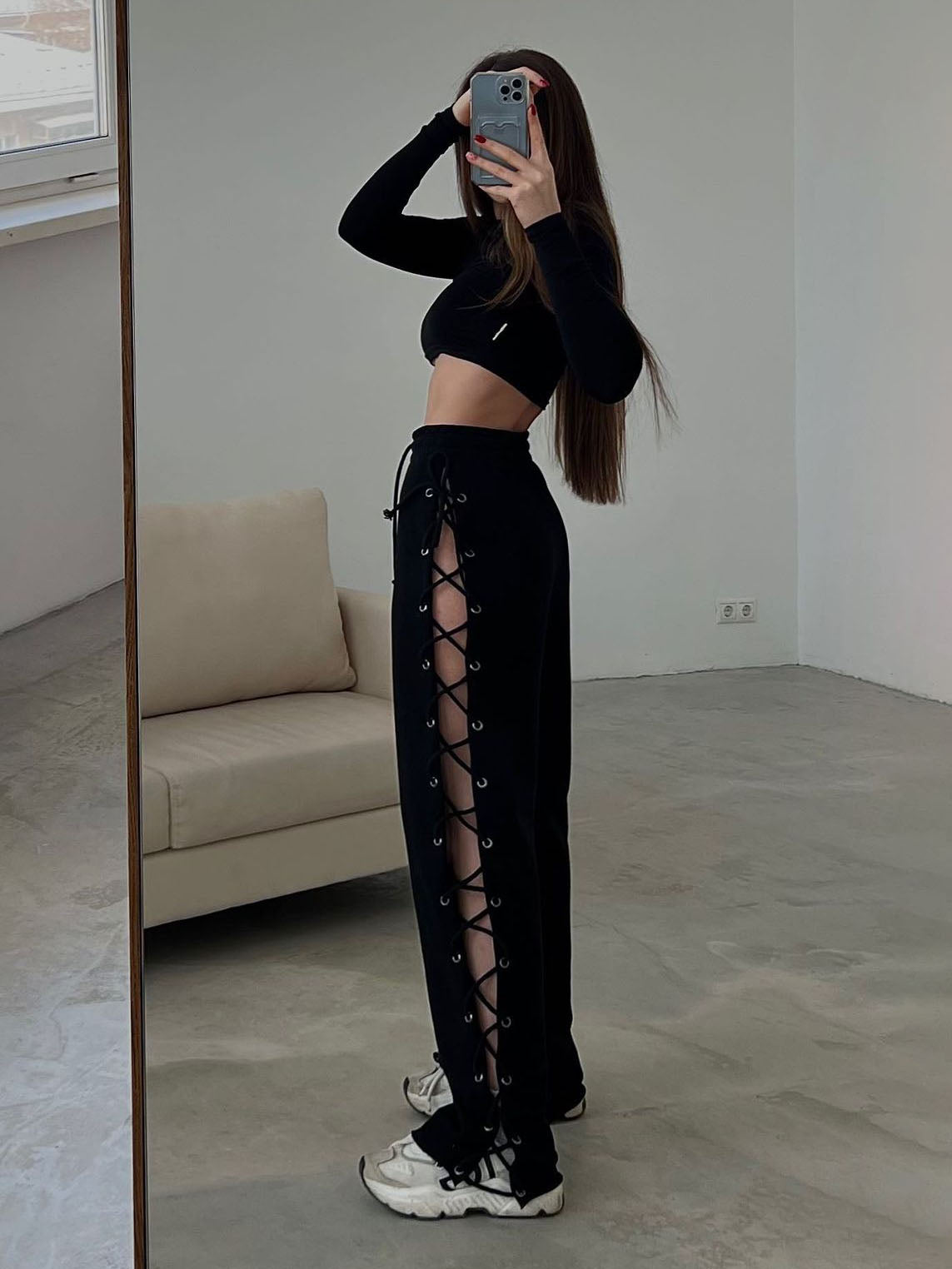 LaPose Fashion - Nadira Cut Out Pants - Autumn Clothes, Bottoms, Clothing, Fall Clothes, High Waist Pants, Knitted Clothes, Knitted Pants, L