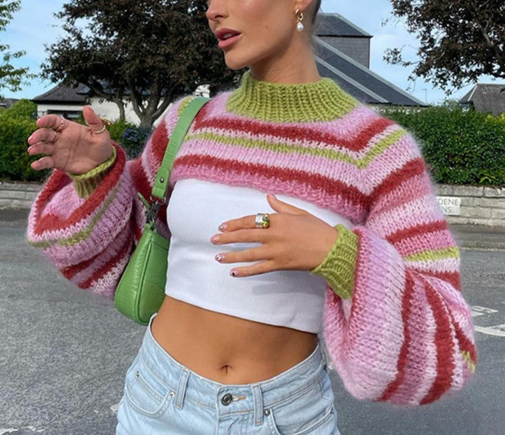 LaPose Fashion - Roxana Knit Crop Top - Clothing, Crop Tops, Knitted Tops, Long Sleeve Tops, Striped Tops, Summer Clothes, Tops, Turtleneck 