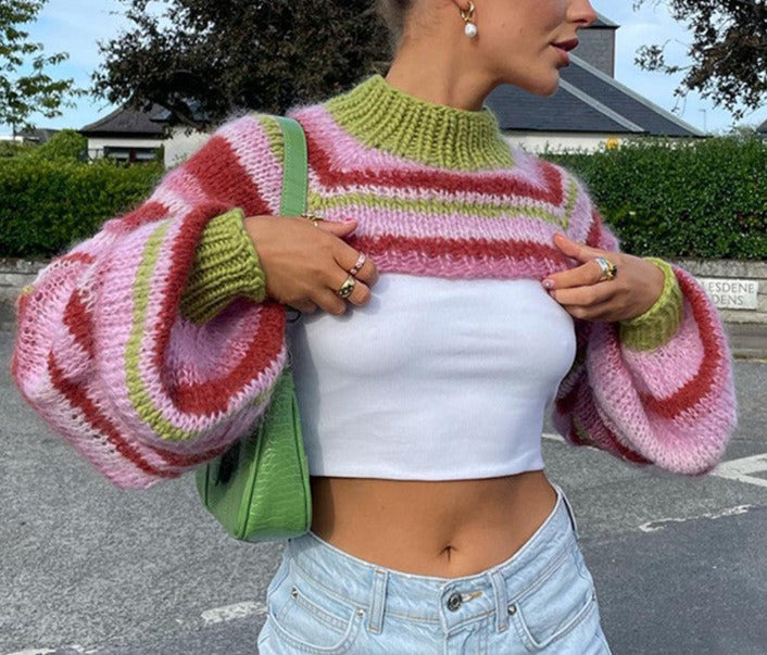 LaPose Fashion - Roxana Knit Crop Top - Clothing, Crop Tops, Knitted Tops, Long Sleeve Tops, Striped Tops, Summer Clothes, Tops, Turtleneck 