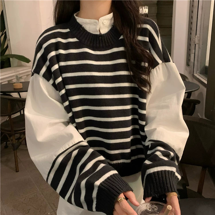 LaPose Fashion - Sarita Patchwork Shirt Sweater - Elegant Tops, Fall-Winter 23, Knitted Top, Knitted Tops, Long Sleeve Tops, Oversize Tops, Striped To