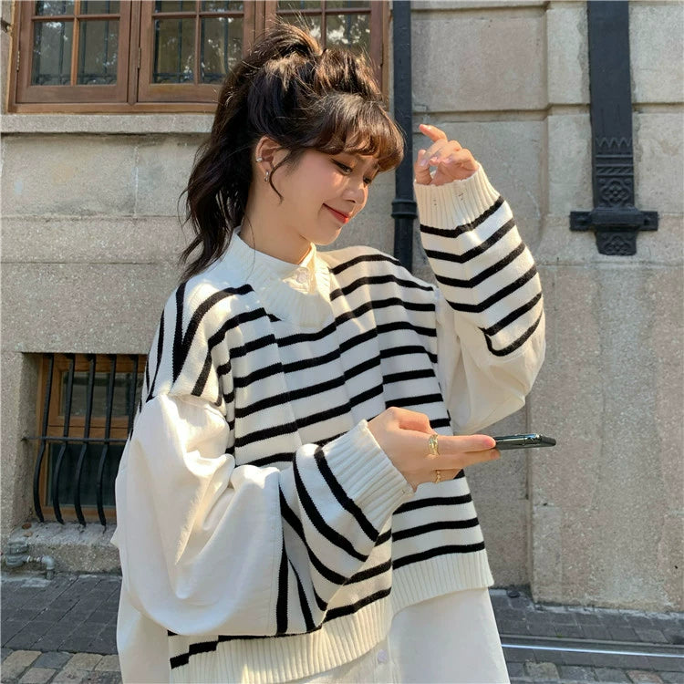 LaPose Fashion - Sarita Patchwork Shirt Sweater - Elegant Tops, Fall-Winter 23, Knitted Top, Knitted Tops, Long Sleeve Tops, Oversize Tops, Striped To