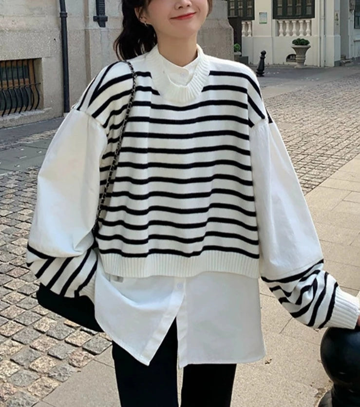 LaPose Fashion - Sarita Patchwork Shirt Sweater - Elegant Tops, Fall-Winter 23, Knitted Top, Knitted Tops, Long Sleeve Tops, Oversize Tops, Striped To