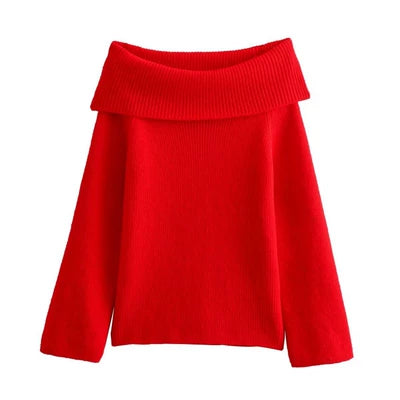LaPose Fashion - Senem Off Shoulder Knit Top - Basic Tops, Elegant Tops, Knitted Tops, Long Sleeve Tops, Loose Sweaters, Off Shoulder Tops, Oversiz