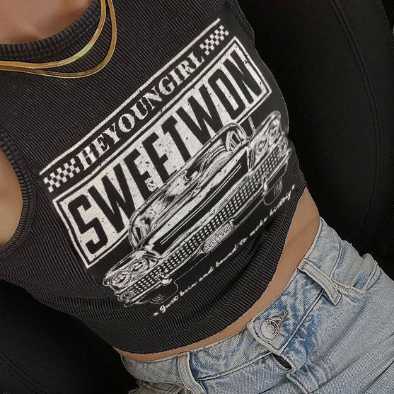 LaPose Fashion - Sweetwon Print Crop Top - Basic Clothes, Basic Tops, Clothing, Crop Tops, Fall-Winter 23, Letter Print Tops, Printed Tops, Sex