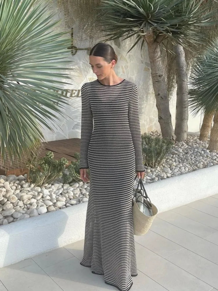 LaPose Fashion - Thais Knit Striped Maxi Dress - Beach Dresses, Bodycon Dresses, Daytime Dresses, Dresses, Elegant Dresses, Fall-Winter 23, Going Out