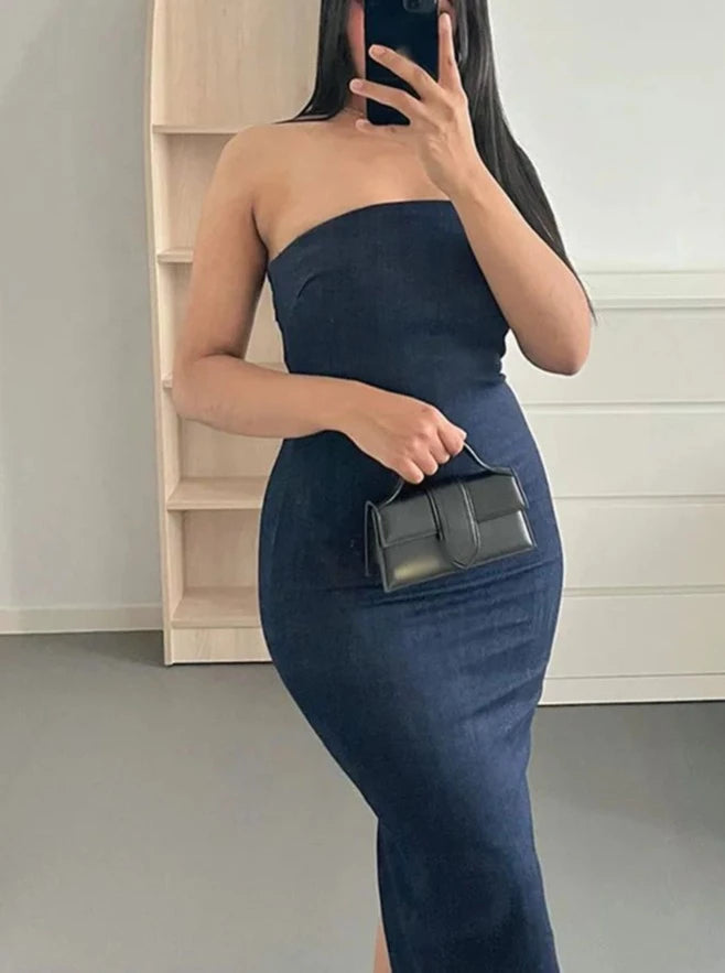 LaPose Fashion - Yanet Denim Strapless Maxi Dress - Bodycon Dresses, Dresses, Elegant Dresses, Fall-Winter 23, Going Out Dresses, Long Dresses, Straples