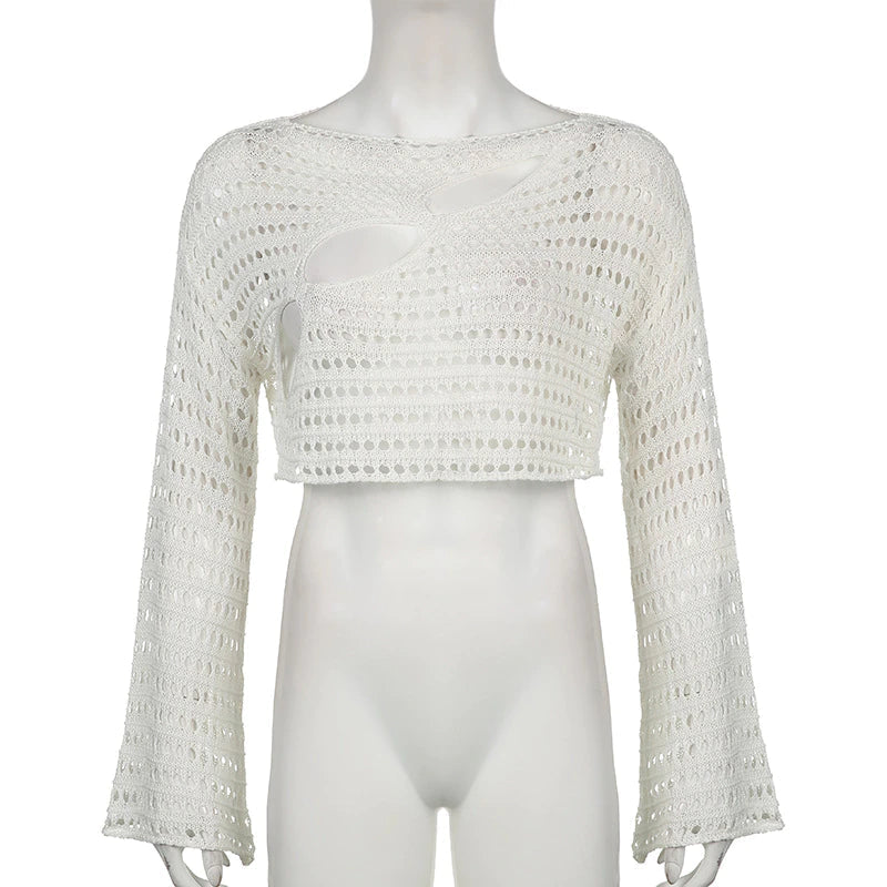 LaPose Fashion - Yvonne Crop Knit Sweater - Clothing, Crochet Tops, Fall-Winter 23, Knitted Tops, Long Sleeve Tops, Sweater, Tops