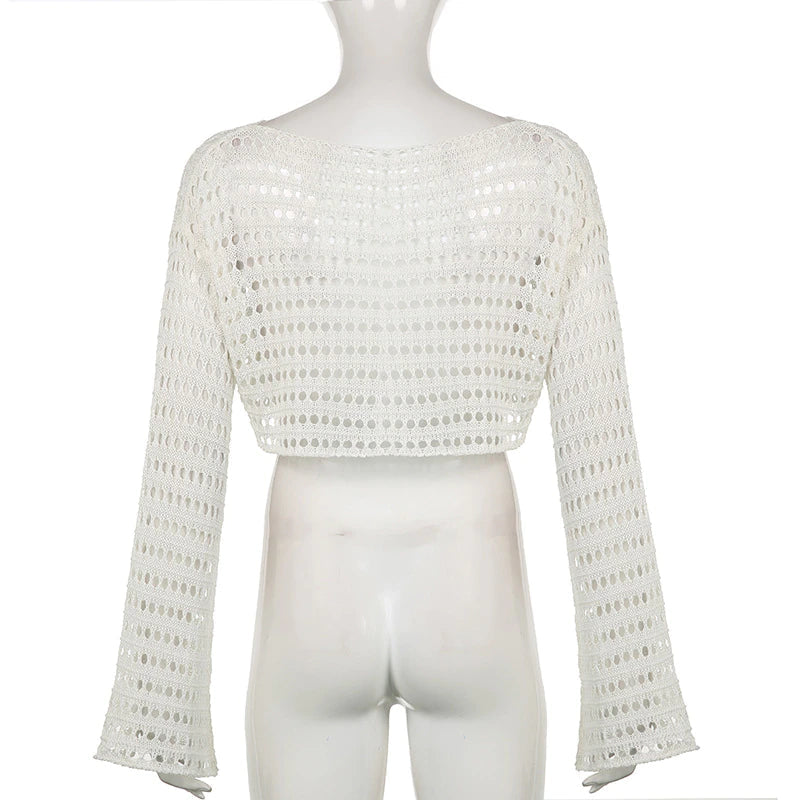 LaPose Fashion - Yvonne Crop Knit Sweater - Clothing, Crochet Tops, Fall-Winter 23, Knitted Tops, Long Sleeve Tops, Sweater, Tops