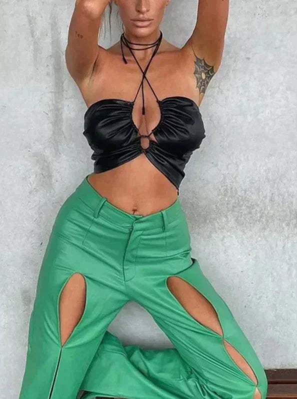 LaPose Fashion - Zoey Leather Top - Asymmetric Tops, Clothing, Collab.Jan, Crop Tops, Festival Clothes, Halter Tops, Leather Tops, Sexy 